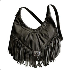 Black Soft Leather Hobo With Fringe - purse-at-0105