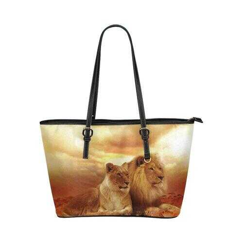 Tote Bags, Brown Autumn Lion And Lioness Style Leather Bag - purse-at-0105
