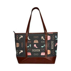 Large Tote Bags, Fashion Me Fabulous Graphic Style Brown Leather Handle Zip Close Bag - purse-at-0105