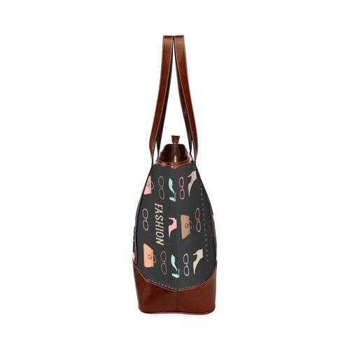 Large Tote Bags, Fashion Me Fabulous Graphic Style Brown Leather Handle Zip Close Bag - purse-at-0105