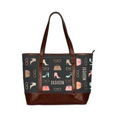 Large Tote Bags, Fashion Me Fabulous Graphic Style Brown Leather Handle Zip Close Bag - purse-at-0105
