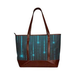 Large Tote Bags, Blue Matrix Style Brown Leather Handle Zip Close Bag - purse-at-0105
