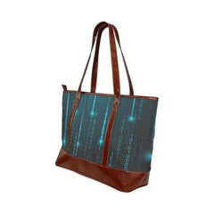 Large Tote Bags, Blue Matrix Style Brown Leather Handle Zip Close Bag - purse-at-0105