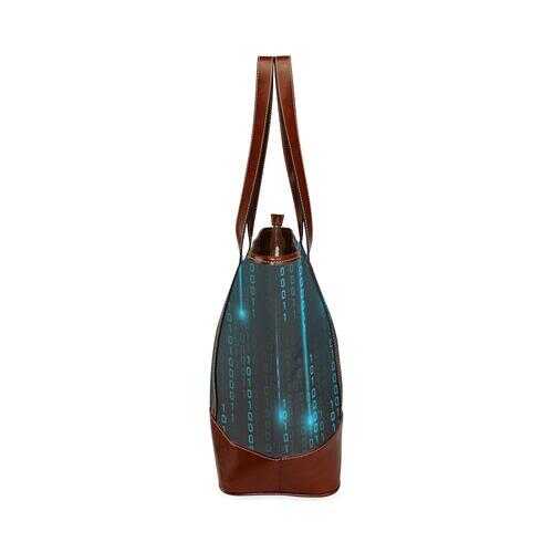 Large Tote Bags, Blue Matrix Style Brown Leather Handle Zip Close Bag - purse-at-0105