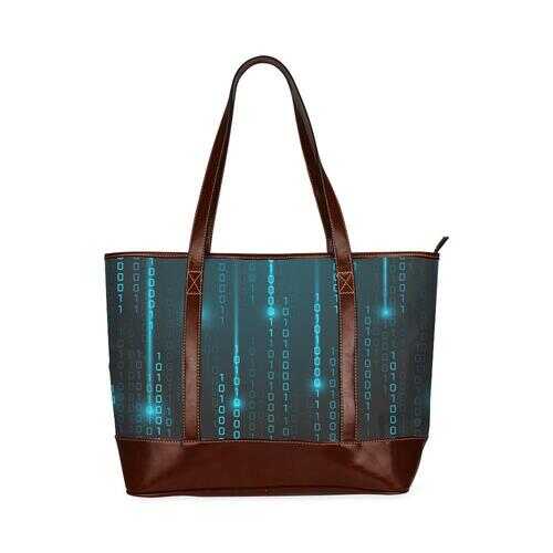 Large Tote Bags, Blue Matrix Style Brown Leather Handle Zip Close Bag - purse-at-0105