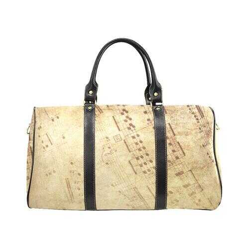 Travel Bags, Beige Sheet Music Style Adjustable Black Handle Zip Close Bag - purse-at-0105