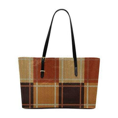 Tote Bags, Brown Checker Style Black Leather Handle Zip Close Bag - purse-at-0105