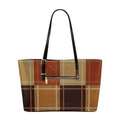 Tote Bags, Brown Checker Style Black Leather Handle Zip Close Bag - purse-at-0105