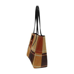 Tote Bags, Brown Checker Style Black Leather Handle Zip Close Bag - purse-at-0105