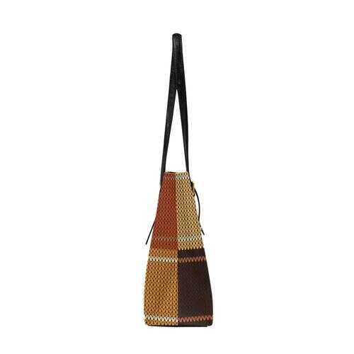 Tote Bags, Brown Checker Style Black Leather Handle Zip Close Bag - purse-at-0105