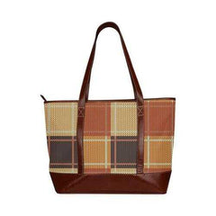 Large Tote Bags, Brown Checker Style Brown Leather Handle Zip Close Bag - purse-at-0105