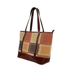 Large Tote Bags, Brown Checker Style Brown Leather Handle Zip Close Bag - purse-at-0105