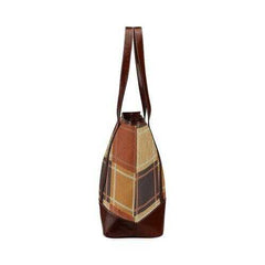 Large Tote Bags, Brown Checker Style Brown Leather Handle Zip Close Bag - purse-at-0105