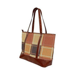 Large Tote Bags, Brown Checker Style Brown Leather Handle Zip Close Bag - purse-at-0105