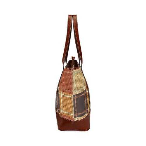 Large Tote Bags, Brown Checker Style Brown Leather Handle Zip Close Bag - purse-at-0105