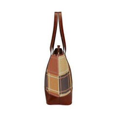 Large Tote Bags, Brown Checker Style Brown Leather Handle Zip Close Bag - purse-at-0105