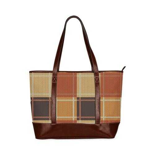 Large Tote Bags, Brown Checker Style Brown Leather Handle Zip Close Bag - purse-at-0105