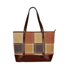 Large Tote Bags, Brown Checker Style Brown Leather Handle Zip Close Bag - purse-at-0105