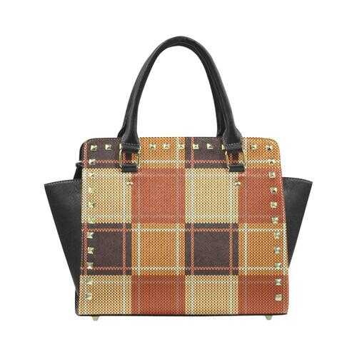 Handbags, Brown Checker Rivet Style Top-Handle Bag - purse-at-0105