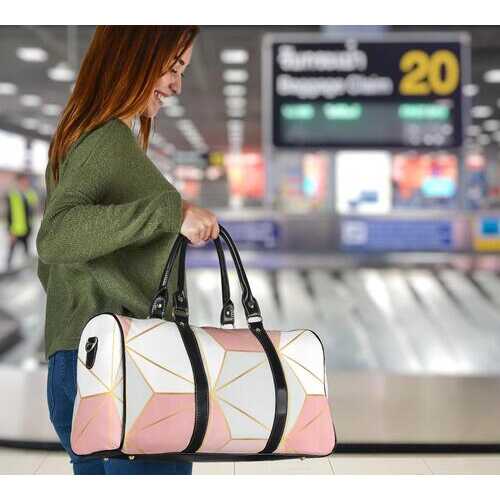 Travel Bags, Pink And White Geometric Style Adjustable Black Handle Zip Close Bag - purse-at-0105