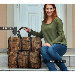 Travel Bags, Natural Brown Wood Style Adjustable Black Handle Zip Close Bag - purse-at-0105
