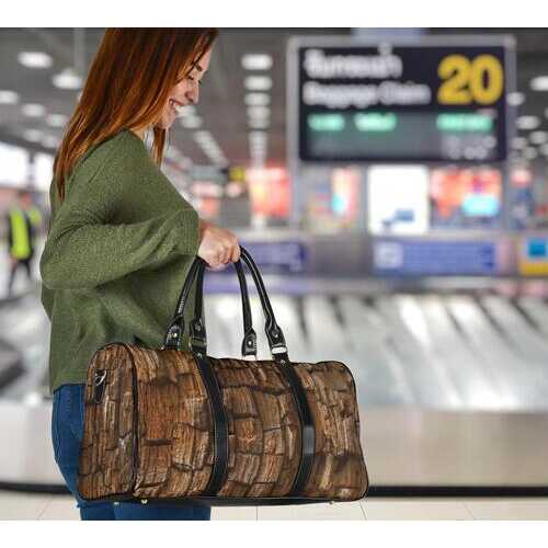 Travel Bags, Natural Brown Wood Style Adjustable Black Handle Zip Close Bag - purse-at-0105