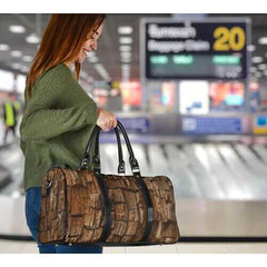 Travel Bags, Natural Brown Wood Style Adjustable Black Handle Zip Close Bag - purse-at-0105