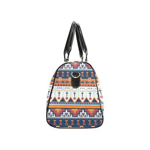Travel Bags, Black Handle Blue White And Orange Multiprint Style Bag - purse-at-0105