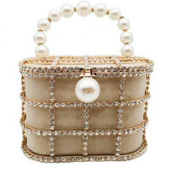 Shinny Studded Pearl Clasp Basket Style Evening Clutch Bag - purse-at-0105