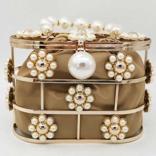 Shinny Studded Pearl Clasp Basket Style Evening Clutch Bag - purse-at-0105
