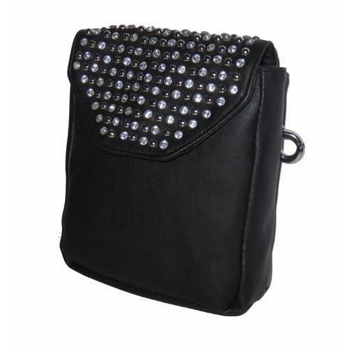 Black Leather Studded Clip Pouch w/Detachable Strap - purse-at-0105