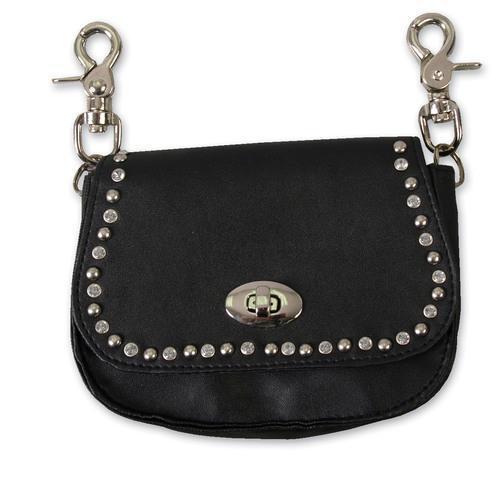 Black Leather Stud & Rhinestone Clip Pouch w/Detachable Strap - purse-at-0105
